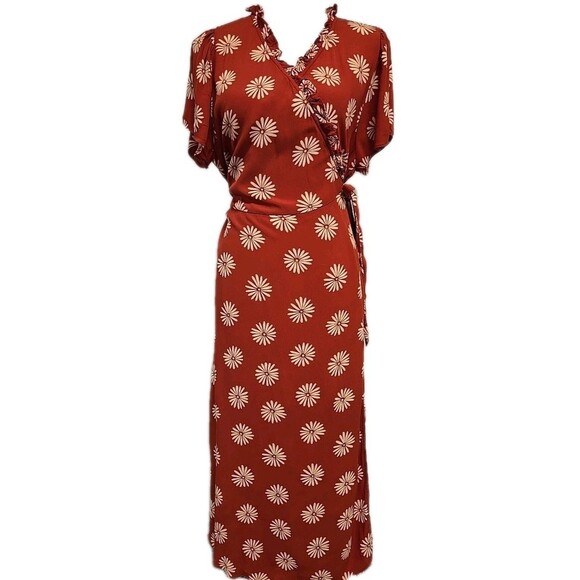 Madewell Ruffle-Edge Wrap Midi Dress Floral Daisy Daydream Orange Clay Size XL - Picture 2 of 10